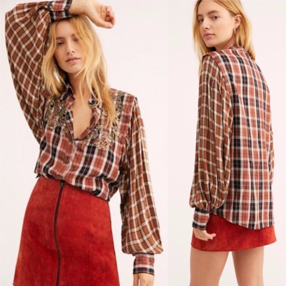 Free People Snow Top Mountains Brown Plaid Shirt